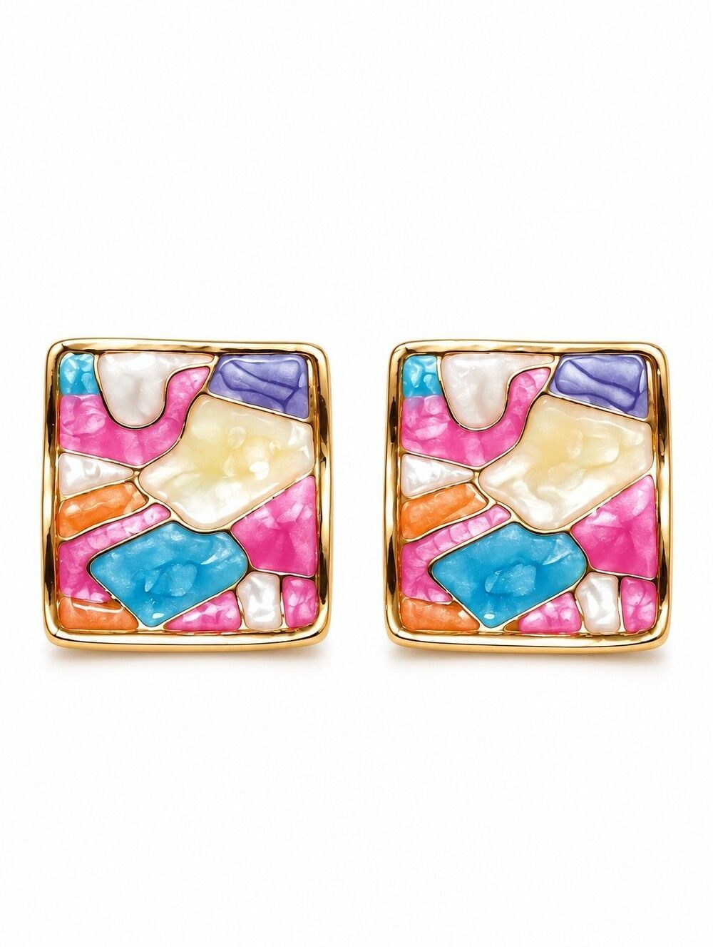 NWT Colorful Mosaic Square Drop Abstract Enamel Stud Earrings Gold Tone
